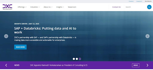 DXC Technology page highlighting AI and data solutions for enterprise growth.